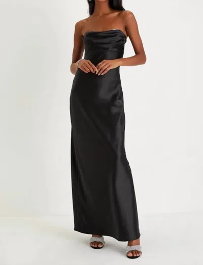 Lulus Exquisite Shine Satin Rhinestone Strapless Maxi Dress In Black