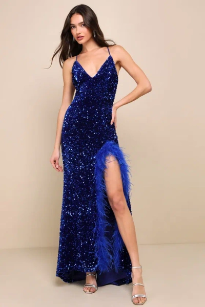 Lulus Exquisite Sparkle Royal Blue Sequin Feather Backless Maxi Dress