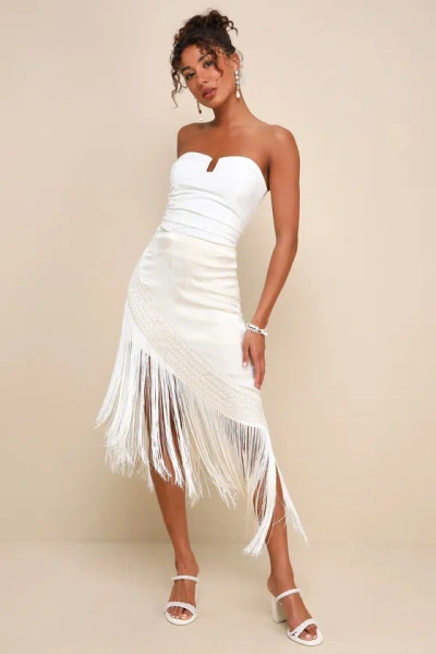 Lulus Exquisite Sweetie Cream Satin Jacquard Fringe Midi Skirt In White