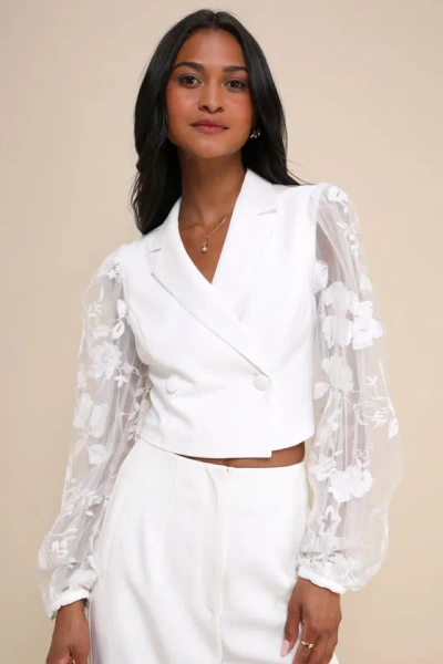 Lulus Exquisitely Stylish White Cropped Sheer Balloon Sleeve Blazer