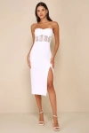 Lulus Exquisitely Sultry White Lace Strapless Bustier Midi Dress In White