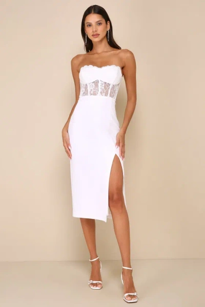 Lulus Exquisitely Sultry White Lace Strapless Bustier Midi Dress