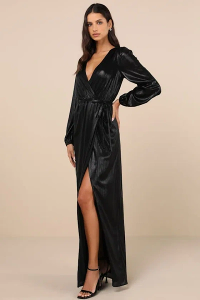 Lulus Extra Aesthetic Black Shiny Long Sleeve Surplice Maxi Dress