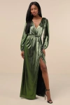 Lulus Extra Aesthetic Green Metallic Long Sleeve Surplice Maxi Dress In Green