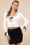 Lulus Extraordinarily Flirty Black Fuzzy 3d Rosette Micro Mini Skirt In Black