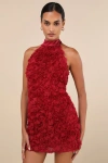 LULUS EXTRAORDINARY BEING WINE RED 3D ROSETTE MOCK NECK MINI DRESS