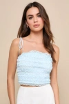 Lulus Extraordinary Darling Light Blue 3d Floral Lace Tie-strap Top In Light Blue