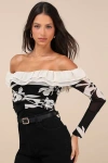 Lulus Extraordinary Flirt Black Floral Mesh Ruffled Crop Top In Black