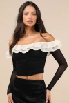 Lulus Extraordinary Flirt Black Mesh Ruffled Crop Top In Black