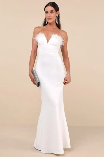 Lulus Extraordinary Glam White Feather Strapless Mermaid Maxi Dress