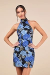 Lulus Extraordinary Impression Black Floral Jacquard Halter Mini Dress In Black