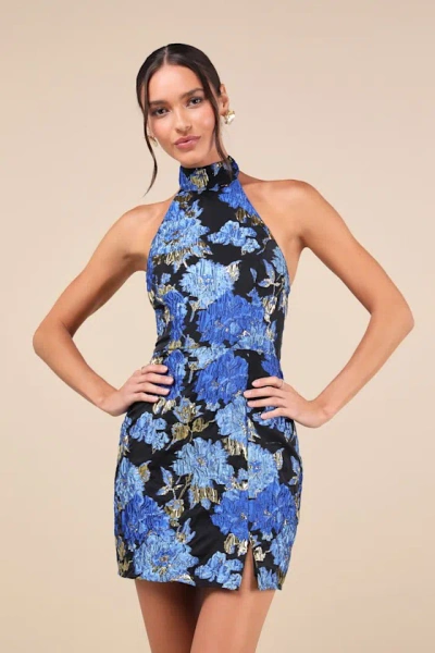 Lulus Extraordinary Impression Black Floral Jacquard Halter Mini Dress