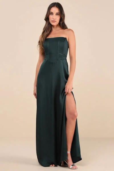 Lulus Extraordinary Presence Dark Green Satin Strapless Maxi Dress