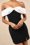 Lulus Extravagant Moment Black And White Off-the-shoulder Mini Dress In Black And White