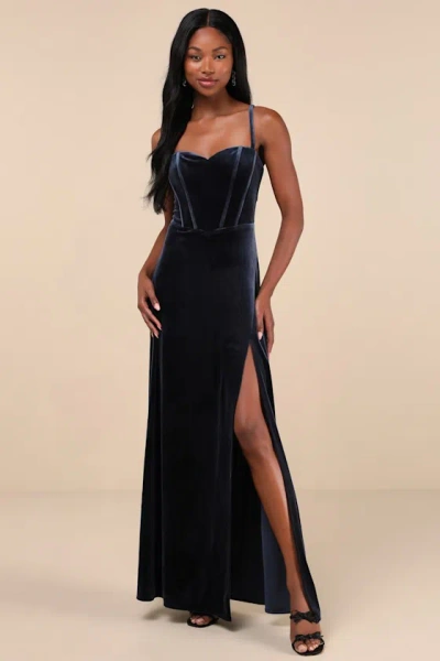 Lulus Extravagant Muse Dark Slate Velvet Lace-up Bustier Maxi Dress In Blue