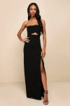 Lulus Extravagant Persona Black Strapless Cutout Column Maxi Dress In Black