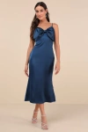 Lulus Extravagantly Sleek Navy Blue Satin Sleeveless Bow Midi Dress In Navy Blue