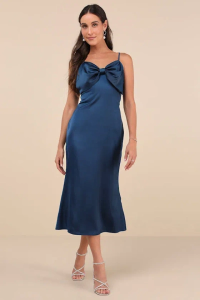 Lulus Extravagantly Sleek Navy Blue Satin Sleeveless Bow Midi Dress