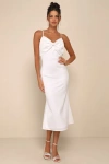 Lulus Extravagantly Sleek White Satin Sleeveless Bow Midi Dress In White
