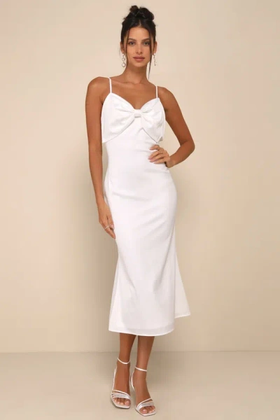 Lulus Extravagantly Sleek White Satin Sleeveless Bow Midi Dress