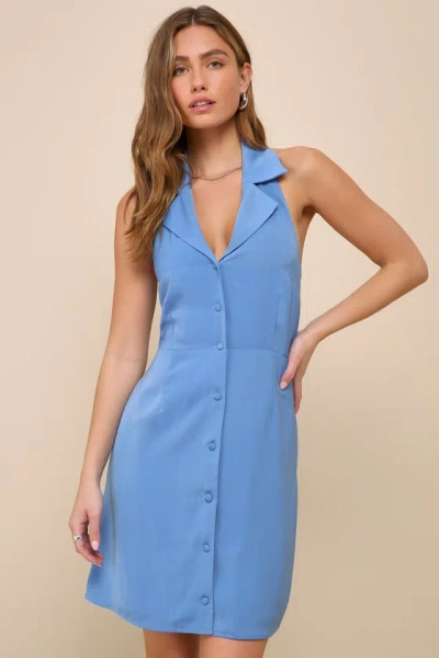 Lulus Extremely Chic Blue Collared Tie-back Button-up Mini Dress