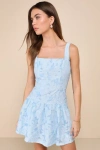 LULUS EXUBERANT ELEGANCE LIGHT BLUE JACQUARD DROP WAIST MINI DRESS