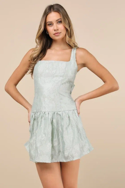 Lulus Exuberant Elegance Light Mint Jacquard Drop Waist Mini Dress In Green