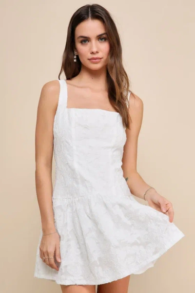 Lulus Exuberant Elegance White Jacquard Drop Waist Mini Dress