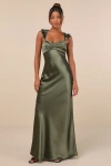 Lulus Exuberant Luxury Olive Green Satin Ruffled Lace-up Maxi Dress In Olive Green