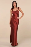 Lulus Exuberant Luxury Rust Satin Ruffled Lace-up Maxi Dress In Red