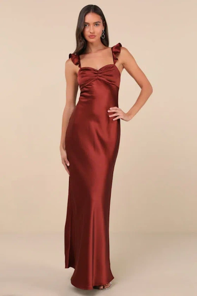 Lulus Exuberant Luxury Rust Satin Ruffled Lace-up Maxi Dress In Red