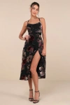 Lulus Exuberant Vibes Black Floral Velvet Burnout Tie-back Midi Dress In Black