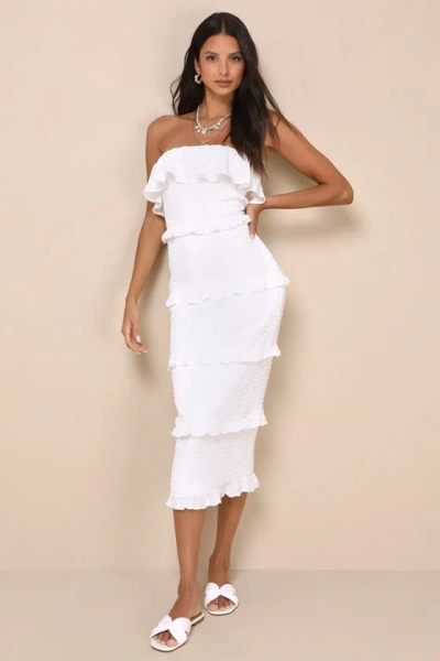 Lulus Eye-catching Presence White Smocked Tiered Strapless Midi Dress