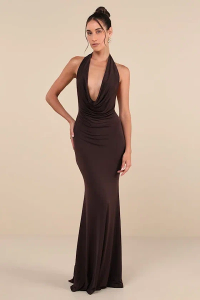 Lulus Eye-catching Silhouette Dark Brown Cowl Neck Halter Maxi Dress