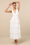 Lulus Ezzie White Lace Tiered Midi Dress In White
