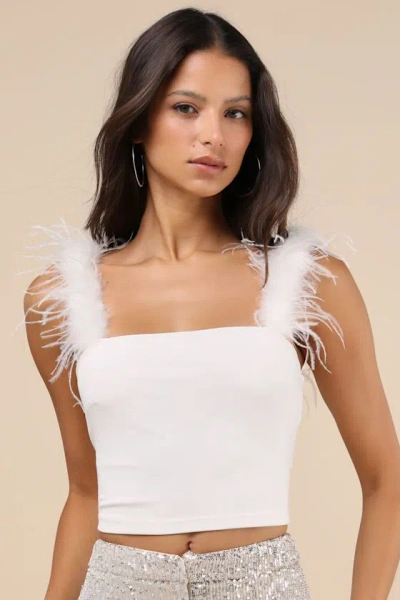 Lulus Fabulous Attraction White Feather Cropped Tank Top