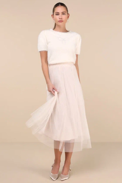 Lulus Fabulous Chicness Cream Tulle High-rise Midi Skirt In White