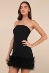 Lulus Fabulous Delight Black Strapless Bustier Feather Mini Dress In Black