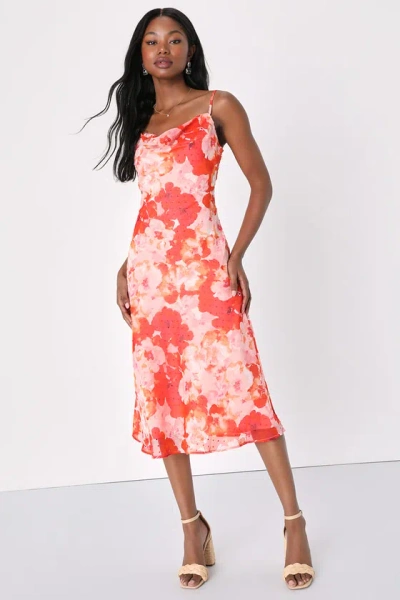 Lulus Fabulous Destiny Pink Floral Swiss Dot Cowl Neck Midi Dress