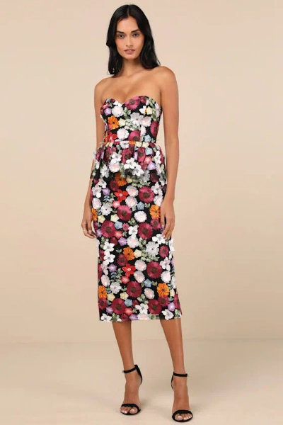 Lulus Fabulous Display Black Multi 3d Floral Strapless Midi Dress