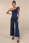 Lulus Fabulous Effect Blue Chambray One-shoulder Wide-leg Jumpsuit In Blue