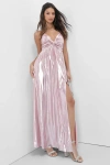 Lulus Fabulous Finesse Light Pink Metallic Twist-front Maxi Dress In Light Pink