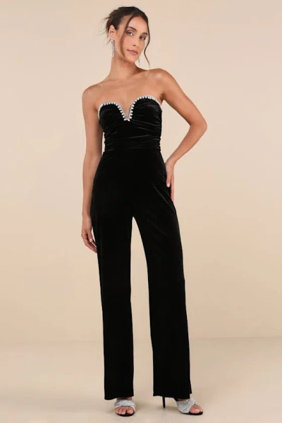 Lulus Fabulous Instinct Black Velvet Pearl Strapless Jumpsuit