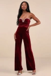 Lulus Fabulous Instinct Burgundy Velvet Pearl Strapless Jumpsuit In Burgundy