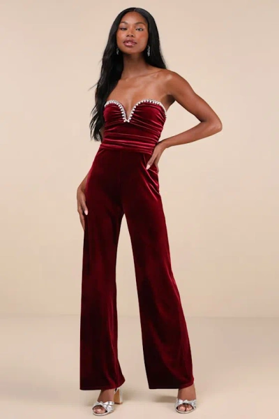 Lulus Fabulous Instinct Burgundy Velvet Pearl Strapless Jumpsuit