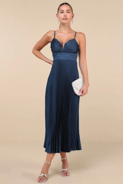 Lulus Fabulous Perfection Navy Blue Satin Pleated Midi Dress