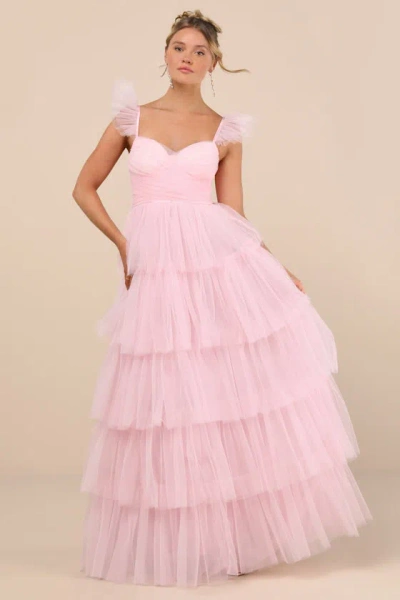Lulus Fabulous Poise Light Pink Tulle Ruffled Tiered Maxi Dress
