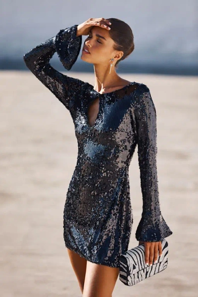 Lulus Fabulous Sparkle Black Sequin Cutout Long Sleeve Mini Dress