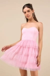 Lulus Fabulous Thoughts Light Pink Tulle Strapless Tiered Mini Dress In Light Pink