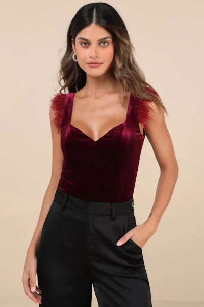 Lulus Fabulous Vibe Plum Velvet Feather Sleeveless Bodysuit In Purple